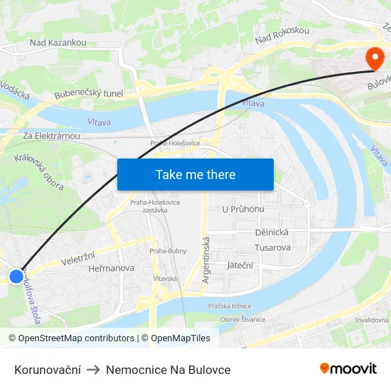 Korunovační to Nemocnice Na Bulovce map