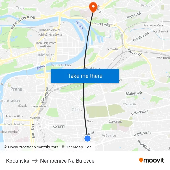 Kodaňská to Nemocnice Na Bulovce map