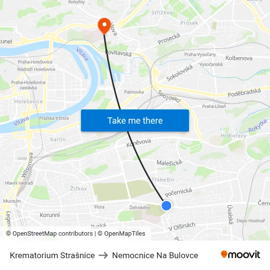 Krematorium Strašnice to Nemocnice Na Bulovce map