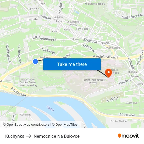 Kuchyňka to Nemocnice Na Bulovce map