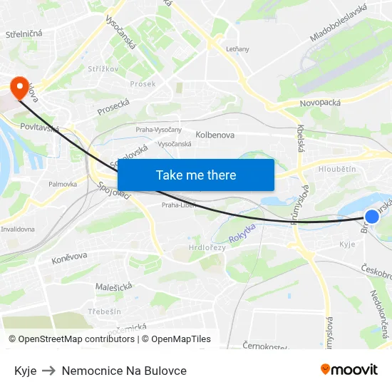 Kyje to Nemocnice Na Bulovce map