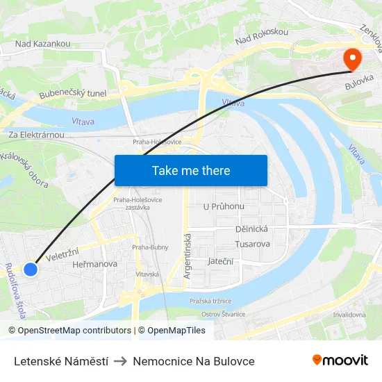 Letenské Náměstí to Nemocnice Na Bulovce map