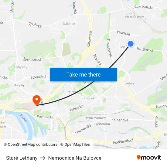 Staré Letňany to Nemocnice Na Bulovce map