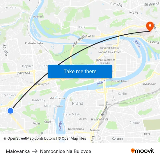 Malovanka to Nemocnice Na Bulovce map