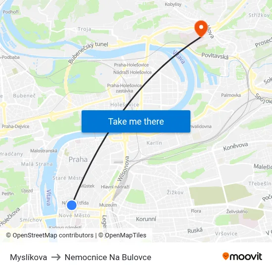 Myslíkova to Nemocnice Na Bulovce map