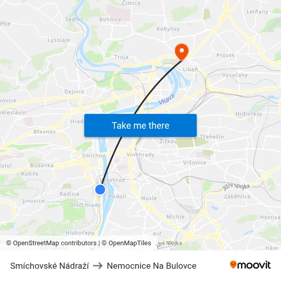 Smíchovské Nádraží to Nemocnice Na Bulovce map