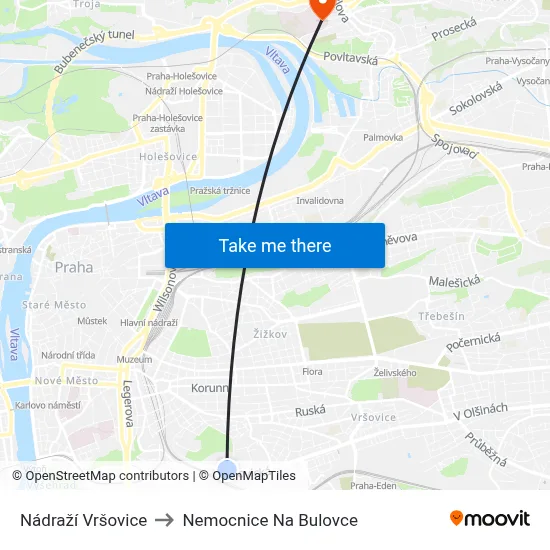 Nádraží Vršovice to Nemocnice Na Bulovce map