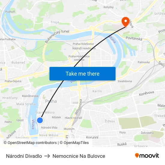 Národní Divadlo to Nemocnice Na Bulovce map