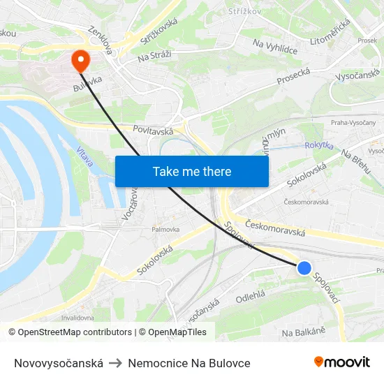 Novovysočanská to Nemocnice Na Bulovce map