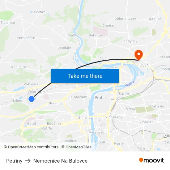 Petřiny to Nemocnice Na Bulovce map