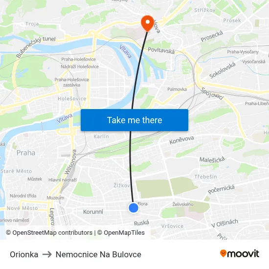 Orionka to Nemocnice Na Bulovce map