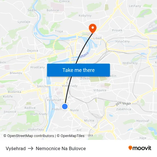 Vyšehrad to Nemocnice Na Bulovce map