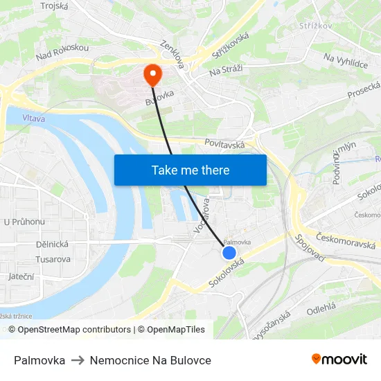 Palmovka to Nemocnice Na Bulovce map