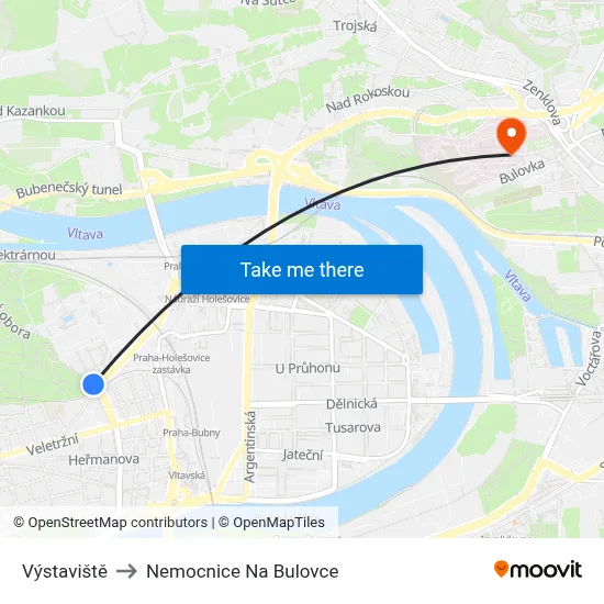 Výstaviště to Nemocnice Na Bulovce map