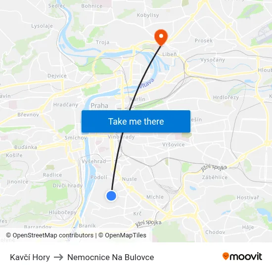 Kavčí Hory to Nemocnice Na Bulovce map