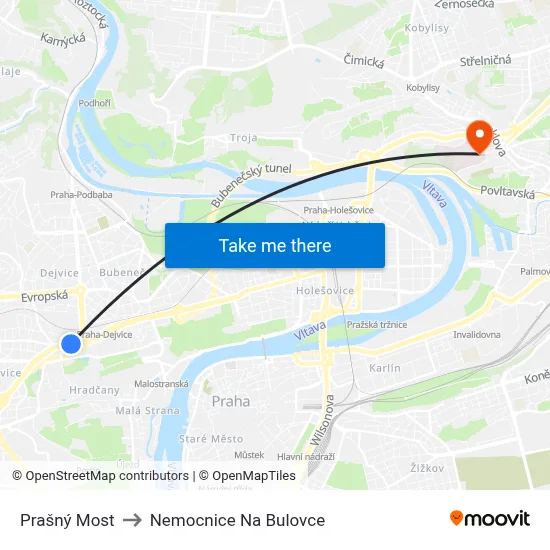 Prašný Most to Nemocnice Na Bulovce map