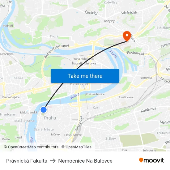 Právnická Fakulta to Nemocnice Na Bulovce map