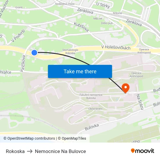 Rokoska to Nemocnice Na Bulovce map