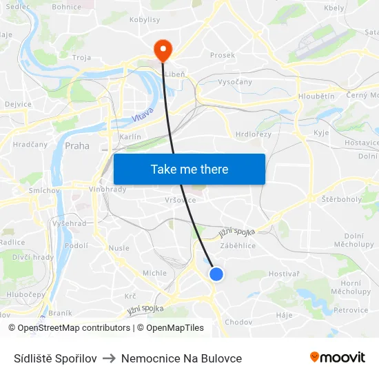 Sídliště Spořilov to Nemocnice Na Bulovce map