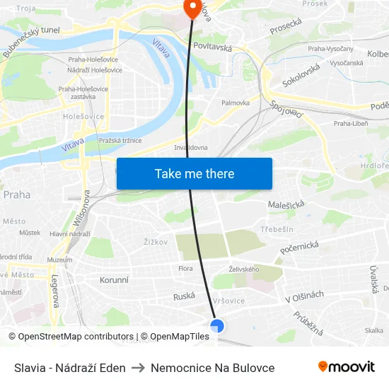 Slavia - Nádraží Eden to Nemocnice Na Bulovce map