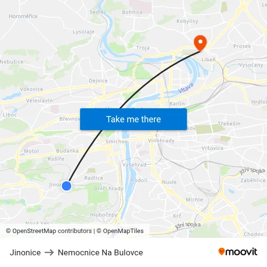 Jinonice to Nemocnice Na Bulovce map