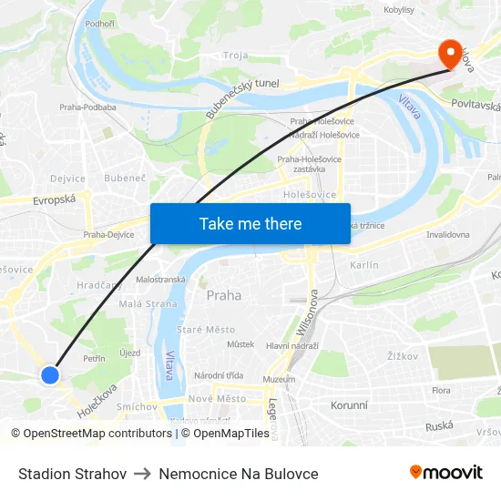 Stadion Strahov to Nemocnice Na Bulovce map