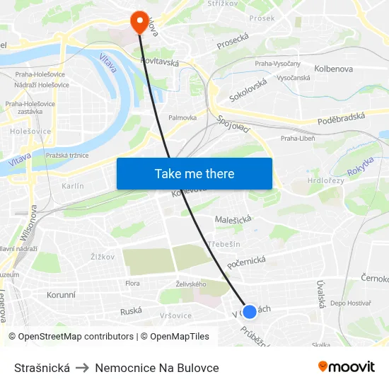 Strašnická to Nemocnice Na Bulovce map
