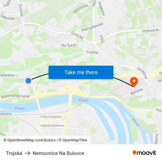 Trojská to Nemocnice Na Bulovce map