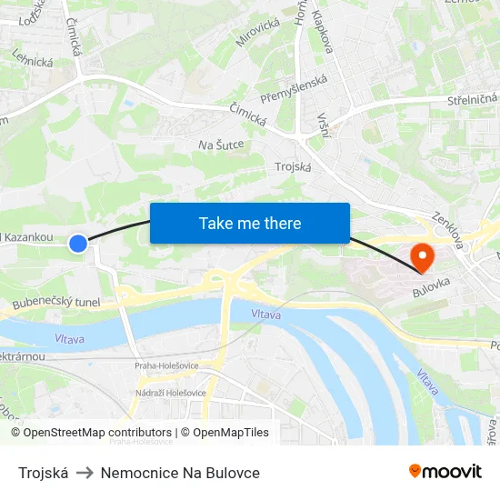 Trojská to Nemocnice Na Bulovce map