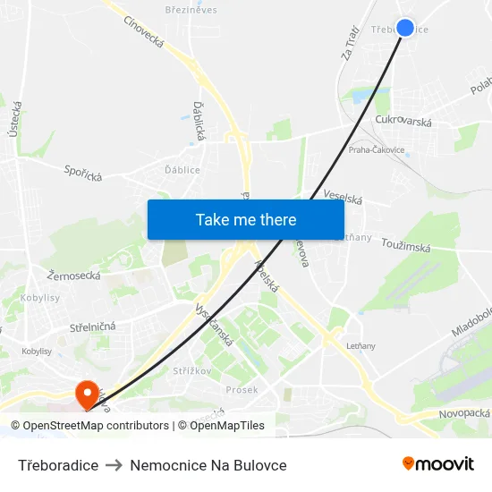 Třeboradice to Nemocnice Na Bulovce map
