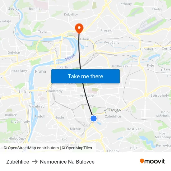 Záběhlice to Nemocnice Na Bulovce map