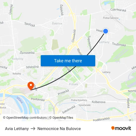 Avia Letňany to Nemocnice Na Bulovce map