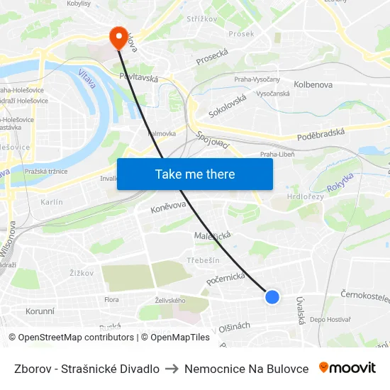 Zborov - Strašnické Divadlo to Nemocnice Na Bulovce map