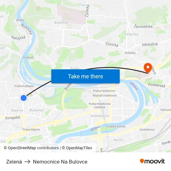 Zelená to Nemocnice Na Bulovce map