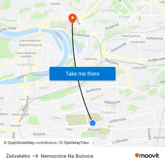 Želivského to Nemocnice Na Bulovce map