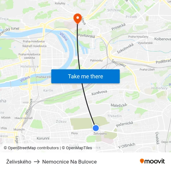 Želivského to Nemocnice Na Bulovce map