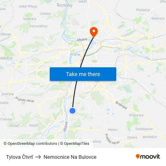 Tylova Čtvrť to Nemocnice Na Bulovce map