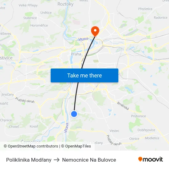 Poliklinika Modřany to Nemocnice Na Bulovce map