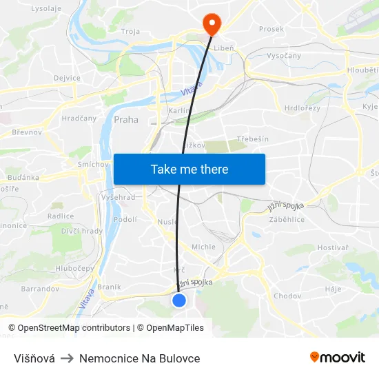 Višňová to Nemocnice Na Bulovce map