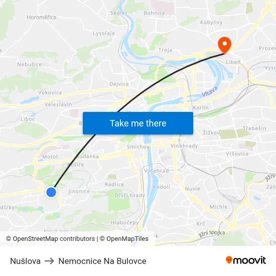 Nušlova to Nemocnice Na Bulovce map