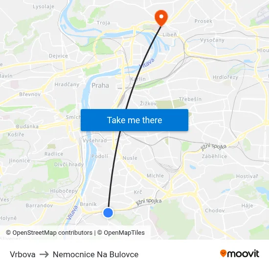 Vrbova to Nemocnice Na Bulovce map