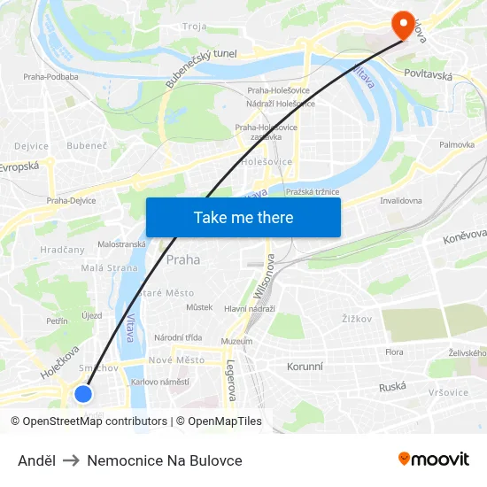 Anděl to Nemocnice Na Bulovce map