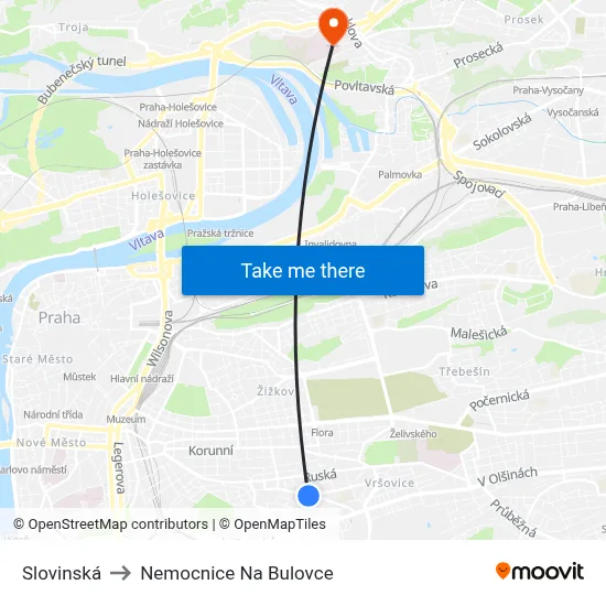 Slovinská to Nemocnice Na Bulovce map