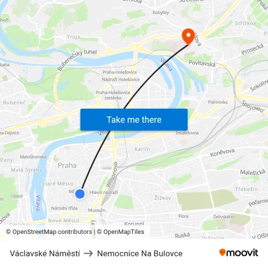 Václavské Náměstí to Nemocnice Na Bulovce map