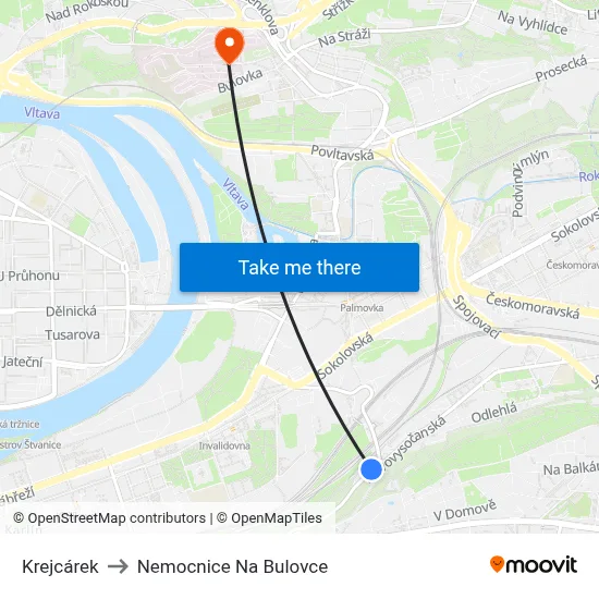 Krejcárek to Nemocnice Na Bulovce map