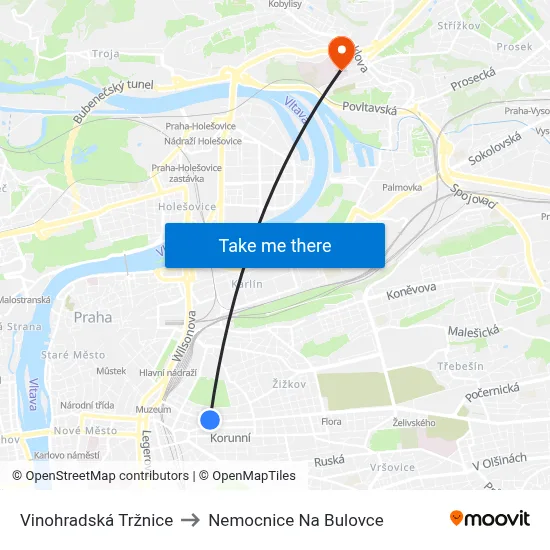 Vinohradská Tržnice to Nemocnice Na Bulovce map