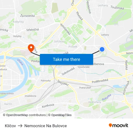 Klíčov to Nemocnice Na Bulovce map