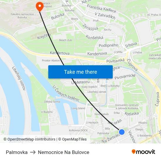 Palmovka to Nemocnice Na Bulovce map