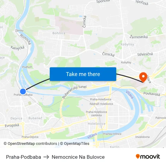 Praha-Podbaba to Nemocnice Na Bulovce map