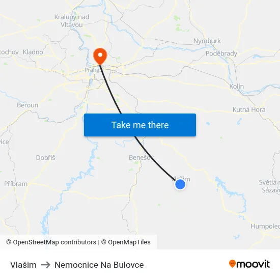 Vlašim to Nemocnice Na Bulovce map
